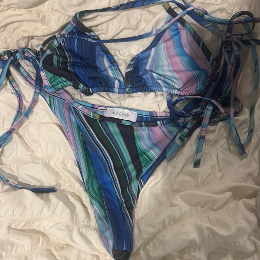 Black Bead Multicolor Striped Bikini